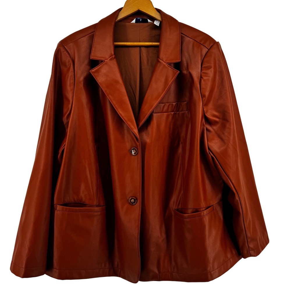 Denim & Co Womens 3X Cognac Faux Leather Blazer Jacket Brown A610846